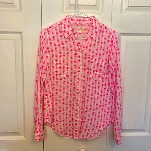 Lilly Pulitzer Sea View Linen Button Down Top Pink Topaz Fineapple XS